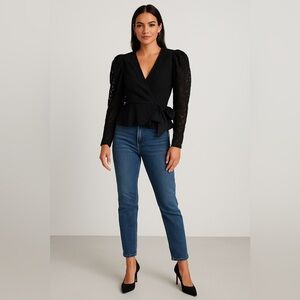 Express Black Lace Wrap Blouse Puff Sleeve Tie Waist Size XS